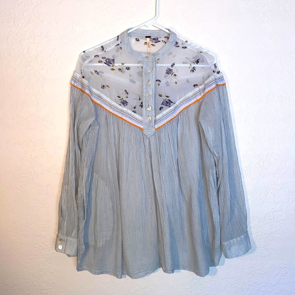 Free People Floral and Striped Linen Top Tunic